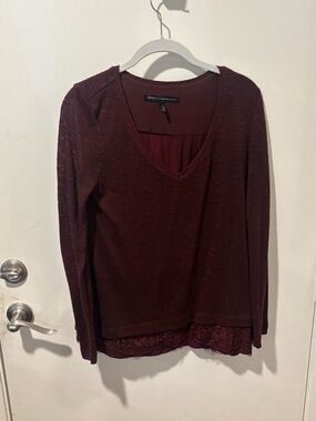 White House Black Market Burgundy Layered V-Neck Lace-Hem Top
